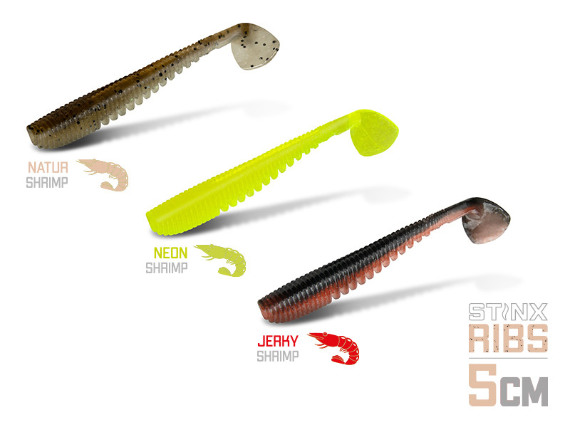 Delphin B! StinxRIBS Shrimp 5cm JERKY, CMF Bass, Soft plastic for bass Fishing, Paddle tail lures